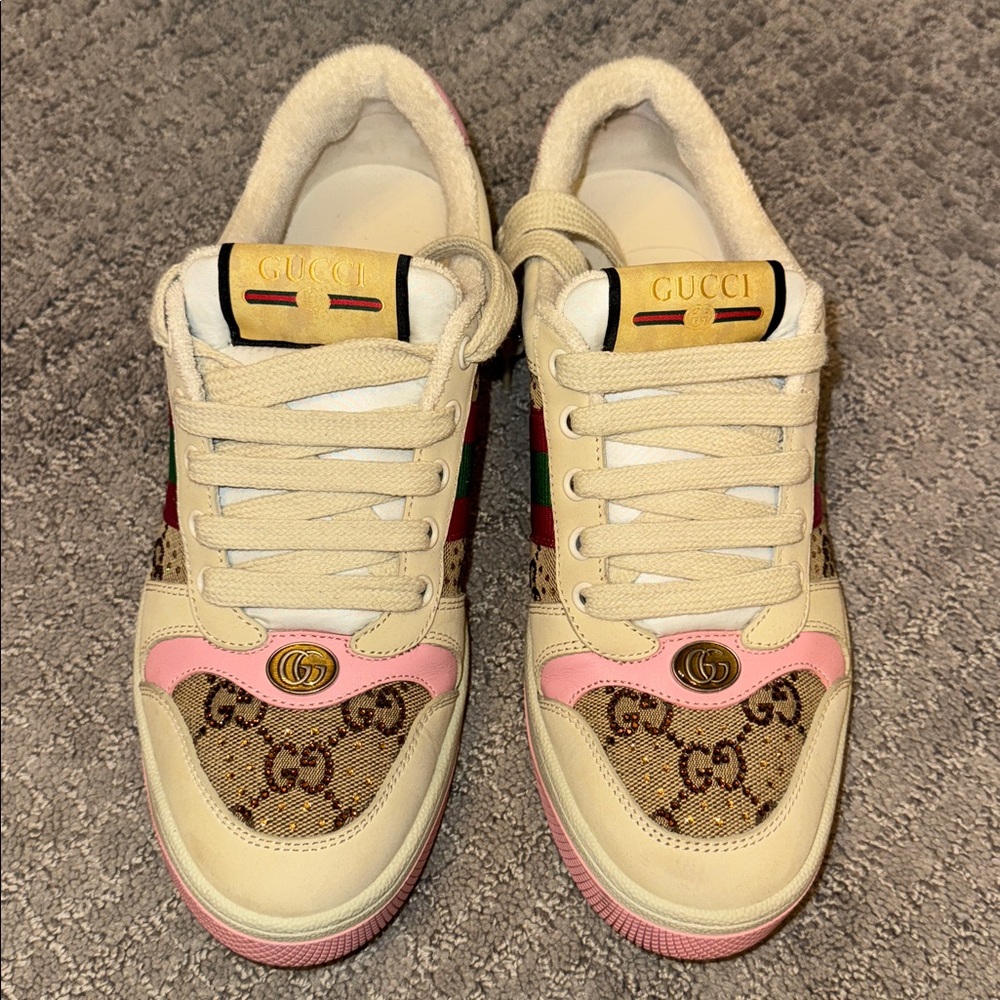 Gucci Cream and Pink Crystal Logo Sneakers sz 38